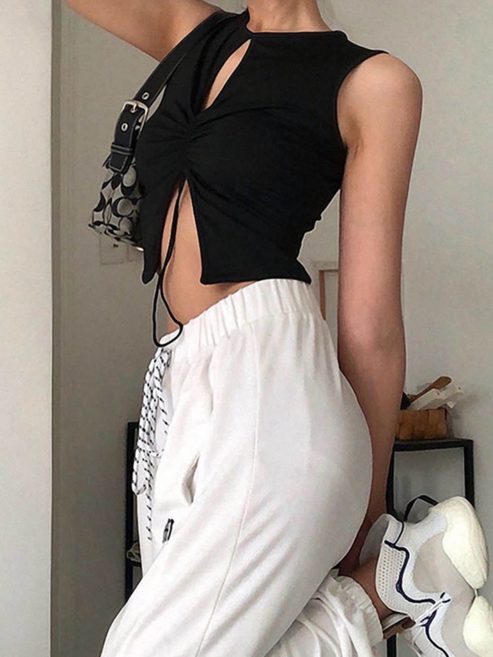 Black Ruched Tie-Front Crop Top - Women